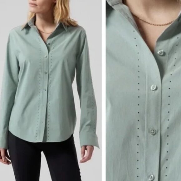 Athleta Midtown Shirt II Laser Cut, Minimalistic Teal Blue Hue. Size XS - Picture 1 of 10